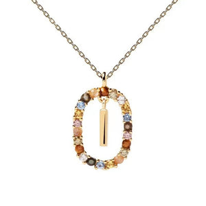 Rainbow CZ Oval Initial Letter Halo Necklace - Perimade & Co.