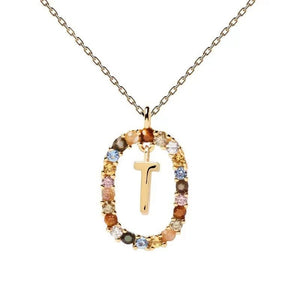 Rainbow CZ Oval Initial Letter Halo Necklace - Perimade & Co.