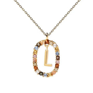 Rainbow CZ Oval Initial Letter Halo Necklace - Perimade & Co.