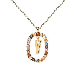 Rainbow CZ Oval Initial Letter Halo Necklace - Perimade & Co.