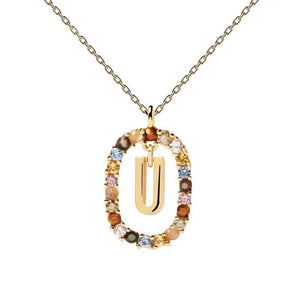 Rainbow CZ Oval Initial Letter Halo Necklace - Perimade & Co.