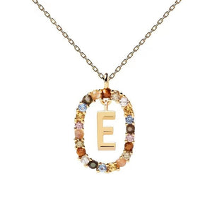 Rainbow CZ Oval Initial Letter Halo Necklace - Perimade & Co.