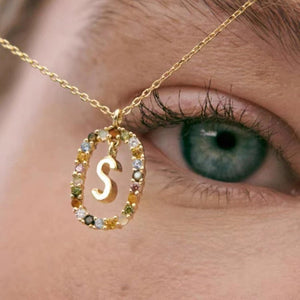 Rainbow CZ Oval Initial Letter Halo Necklace - Perimade & Co.