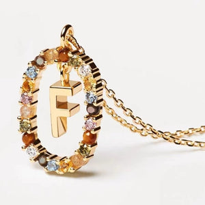 Rainbow CZ Oval Initial Letter Halo Necklace - Perimade & Co.