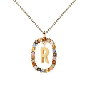 Rainbow CZ Oval Initial Letter Halo Necklace - Perimade & Co.