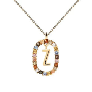 Rainbow CZ Oval Initial Letter Halo Necklace - Perimade & Co.