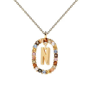 Rainbow CZ Oval Initial Letter Halo Necklace - Perimade & Co.