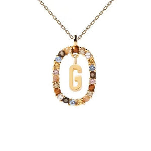 Rainbow CZ Oval Initial Letter Halo Necklace - Perimade & Co.