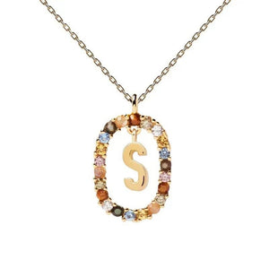 Rainbow CZ Oval Initial Letter Halo Necklace - Perimade & Co.