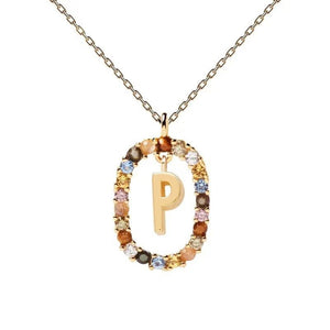 Rainbow CZ Oval Initial Letter Halo Necklace - Perimade & Co.