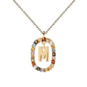 Rainbow CZ Oval Initial Letter Halo Necklace - Perimade & Co.