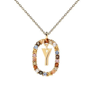 Rainbow CZ Oval Initial Letter Halo Necklace - Perimade & Co.