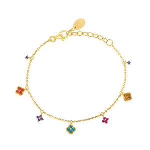 A gold-plated sterling silver bracelet with an adjustable chain and multiple colorful clover leaf charms.