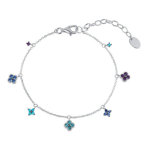 A gold-plated sterling silver bracelet with an adjustable chain and multiple colorful clover leaf charms.