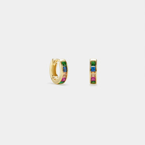 A pair of gold-plated huggie hoop earrings with multicolored gemstones