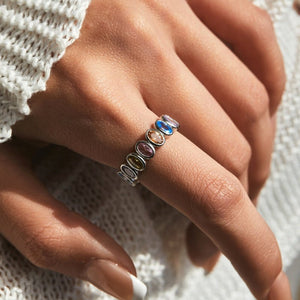Rainbow Oval Cut CZ Bezel Eternity Band Ring - Perimade & Co.