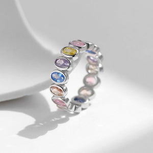 Rainbow Oval Cut CZ Bezel Eternity Band Ring - Perimade & Co.