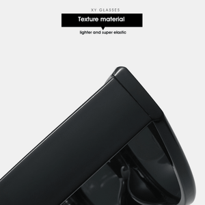 Black sunglasses on a light gray background with text about texture material.