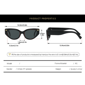 Product properties of a pair of sunglasses with dimensions and material details.