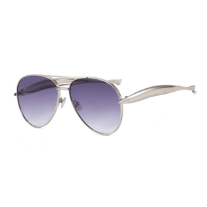 Silver-framed sunglasses with purple gradient lenses on a white background