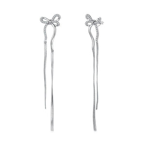 Ribbon Bow CZ Long Chain Drop Stud Earrings - Perimade & Co.