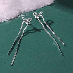 Ribbon Bow CZ Long Chain Drop Stud Earrings - Perimade & Co.