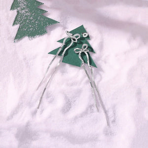 Ribbon Bow CZ Long Chain Drop Stud Earrings - Perimade & Co.