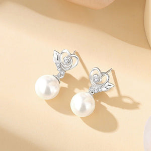 Rose Flower Heart Pearl Drop Earrings - Perimade & Co.