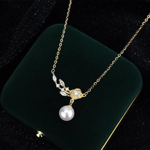 Rose Flower Leaf Pearl Pendant Necklace - Perimade & Co.