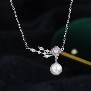 Rose Flower Leaf Pearl Pendant Necklace - Perimade & Co.