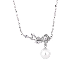 Rose Flower Leaf Pearl Pendant Necklace - Perimade & Co.