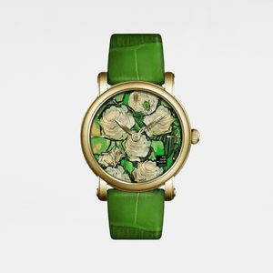 Watch with green floral face and green strap on white background
