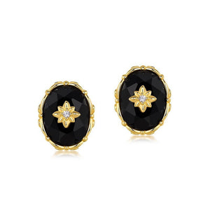 Royal Oval Black Onyx Floral CZ Stud Earrings - Perimade & Co.
