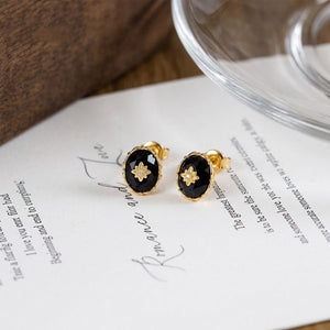 Royal Oval Black Onyx Floral CZ Stud Earrings - Perimade & Co.