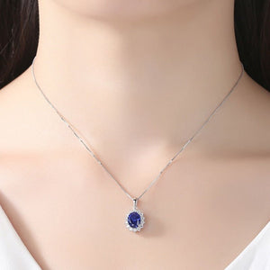 Royal Sapphire Blue Oval Halo Charm Necklace - Perimade & Co.