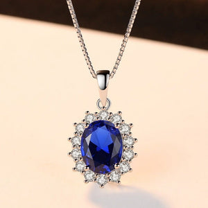 Royal Sapphire Blue Oval Halo Charm Necklace - Perimade & Co.
