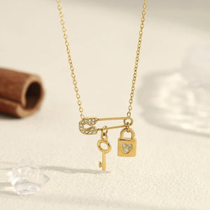 Safety Pin Key Lock Crystal Pendant Necklace - Perimade & Co.