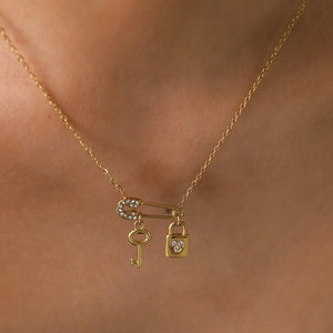 Safety Pin Key Lock Crystal Pendant Necklace - Perimade & Co.