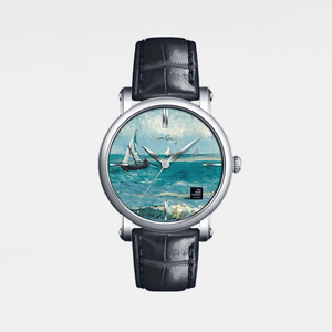 Watch with a black leather strap and Van Gogh painting on the dial against a white background