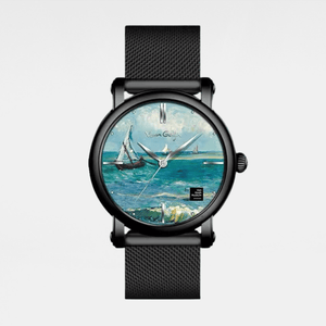 Watch with artistic dial featuring a seascape design on a white background