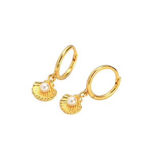 Seashell Pearl Dangle Drop Hoop Earrings - Perimade & Co.