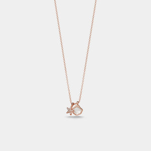 Rose gold necklace with a heart-shaped pendant on a light gray background