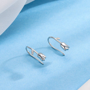 Silver Tulip Flower Dangle Drop Hook Earrings - Perimade & Co.