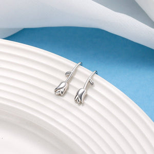 Silver Tulip Flower Dangle Drop Hook Earrings - Perimade & Co.
