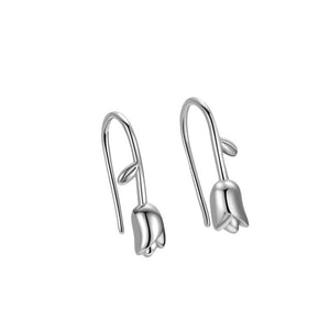 Silver Tulip Flower Dangle Drop Hook Earrings - Perimade & Co.