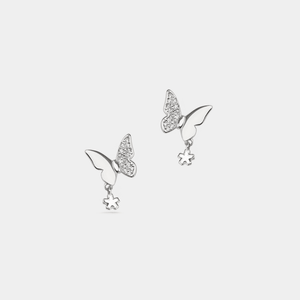 Dainty silver butterfly earrings with sparkling cz stones and a hanging flower charm