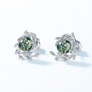 Small Green Moss Agate Leaf Stud Earrings - Perimade & Co.
