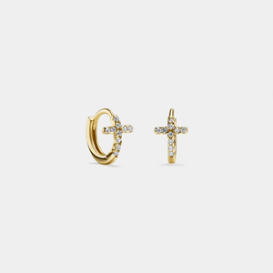 A pair of gold-plated hoop earrings with a small cross design, made of sterling silver and adorned with cubic zirconia.