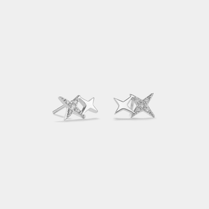 A pair of small minimalist star stud earrings with gold plating and cubic zirconia accents on a white background.