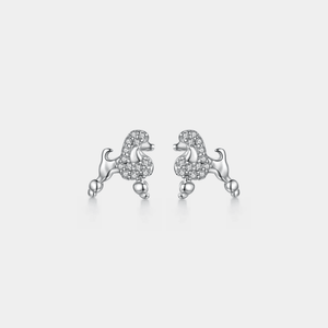 Sterling silver poodle stud earrings with pavé-set clear stones, shown as a matching pair on a white background.